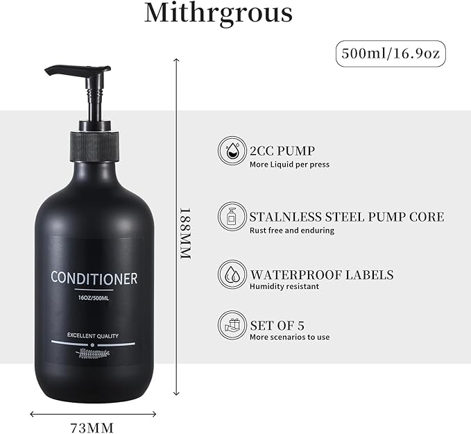 Reusable Shampoo and Conditioner Bottles (5Pack Matte Black) Plastic 16.9oz Dispenser for Conditioner,Shampoo Containers for Shower