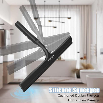 Household Squeegee for Shower Glass Doors, Silicone Shower Squeegee with Adhesive Hook, Bathroom Squeegee for Shower, Window Cleaner Tool for Glass Door, Kitchen, Tile Wall(10 inch-Black)