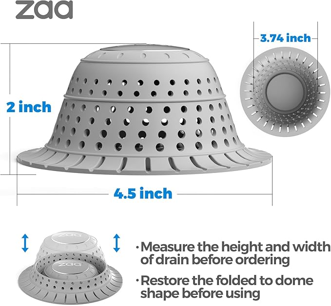 zaa Bathtub Drain Hair Catcher, Premium Silicone Shower Hair Catcher, 1Pack Collapsible Hair Stopper for Pop Up and Regular Drains of Shower, Bathtub, Bathroom, Sink, Shower Parts, Gray