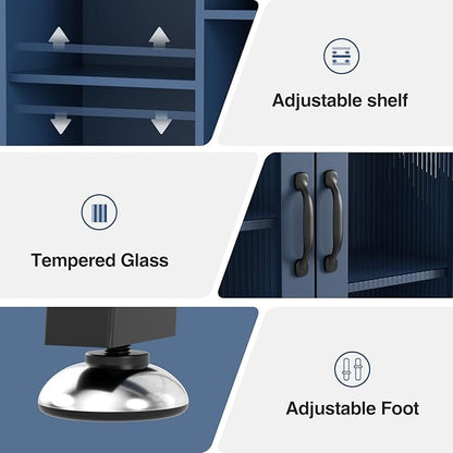 Over The Toilet Storage Cabinet with Tempered Glass Doors and Adjustable Shelf, Bathroom Organizer with Metal Stand Space Saver Over Toilet , Modern Toilet Rack for Bathroom, Restroom, Laundry, Blue