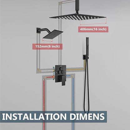 Aolemi Shower Faucet Set Ceiling Mount Shower System Rough-in Valve and Shower Trim Kit 16 and 6 Inch Dual Shower Head 2 in 1 Handheld Spray Push Button Diverter Matte Black
