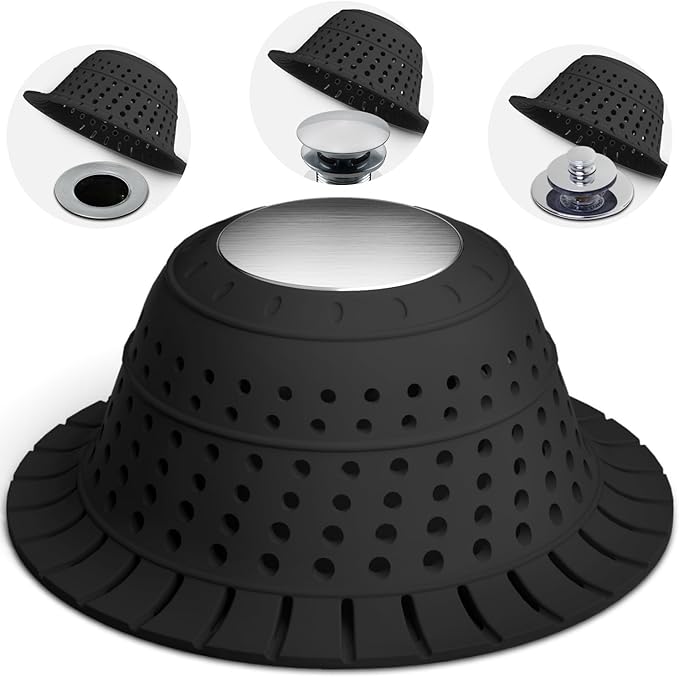 Shower Drain Hair Catcher - Bathtub Drain Cover Foldable Silicone，Shower Drain Protector for Pop-Up and Regular Drains of Shower,Tub, Bathroom, Sink, Silver-Black