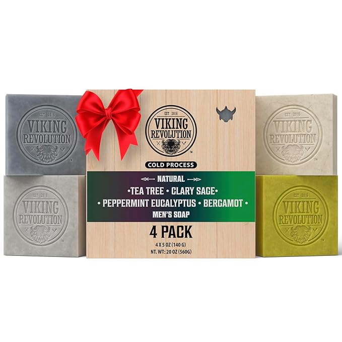 Viking Revolution Natural Soap for Men - Mens Soap Bar with Essential Oils Cold Pressed Bar Soap for Men - Nourishing Soap with Tea Tree, Clary Sage, Peppermint Eucalyptus, Bergamot (4 Pack)