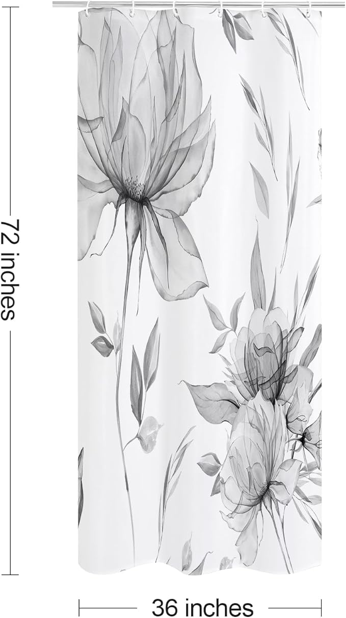 Small Stall Boho Watercolor Floral Shower Curtain 36 x 72, Grey Ink Painting Style Flower Shower Curtains for Chic Elegant Bathroom, Artistic Narrow Half Size Shower Curtain