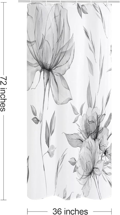 Small Stall Boho Watercolor Floral Shower Curtain 36 x 72, Grey Ink Painting Style Flower Shower Curtains for Chic Elegant Bathroom, Artistic Narrow Half Size Shower Curtain