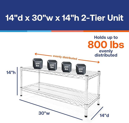 Shelving Inc. 14" d x 30" w Chrome Wire Shelving with 2 Tier Shelves, Weight Capacity 800lbs Per Shelf