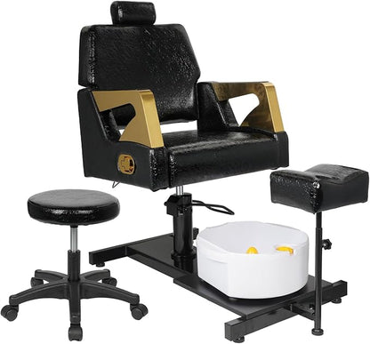 Pedicure Chair with Stool & Massage Foot Bath, 360° Swivel Pedicure Station Hydraulic Adjustable Height No Plumbing for Foot Spa Black