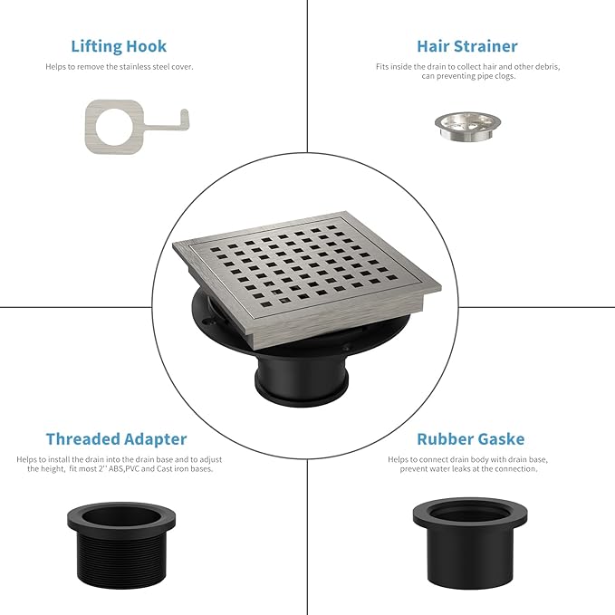 6 Inch Square Shower Floor Drain, Brushed Nickel High Flow Shower Drain Kit with Flange with Hair Filter, Removable Grate Cover, Stainless Steel, Abs Fixing Tray, CUPC Certified(Brushed Nickel)
