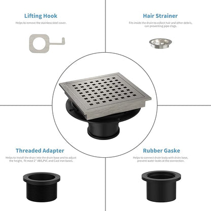 6 Inch Square Shower Floor Drain, Brushed Nickel High Flow Shower Drain Kit with Flange with Hair Filter, Removable Grate Cover, Stainless Steel, Abs Fixing Tray, CUPC Certified(Brushed Nickel)