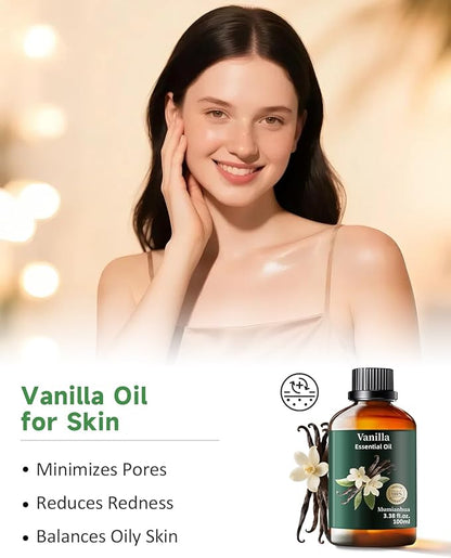 Vanilla Essential Oil Pure, Mumianhua Natural Vanilla Bean Oil for Diffuser, Aromatherapy, Skin, Perfume,Candle, Soap Making,DIY 3.38 Fl Oz