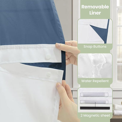 Inhousolu No Hook Shower Curtain with Snap in Fabric Liner Set Waffle Weave 230GSM Weighted Hem, Waterproof & Washable Bathroom Curtain Spa Luxury with Mesh Top Window 72" W x 72" L Moonlight Blue