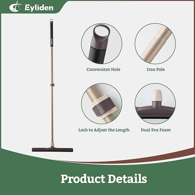 Eyliden 17" Floor Squeegee, Scratch-Free Water Removal EVA Broom | Dual-Layer Gentle Blade, 54.3" Telescopic Handle, Floor-Safe Water Sweeper for Hardwood Tile Shower Glass, Wet Weather Floor Tools