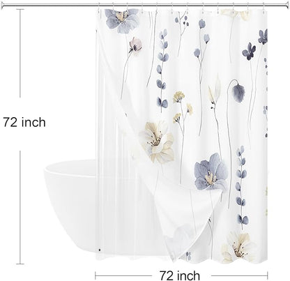 Gibelle 3 in 1 Shower Curtain Set, Grey Watercolor Floral Bath Curtain and PEVA Liner Set with 12 Double Sided Steel Hooks, Waterproof Fabric Bathroom Curtain 72x72
