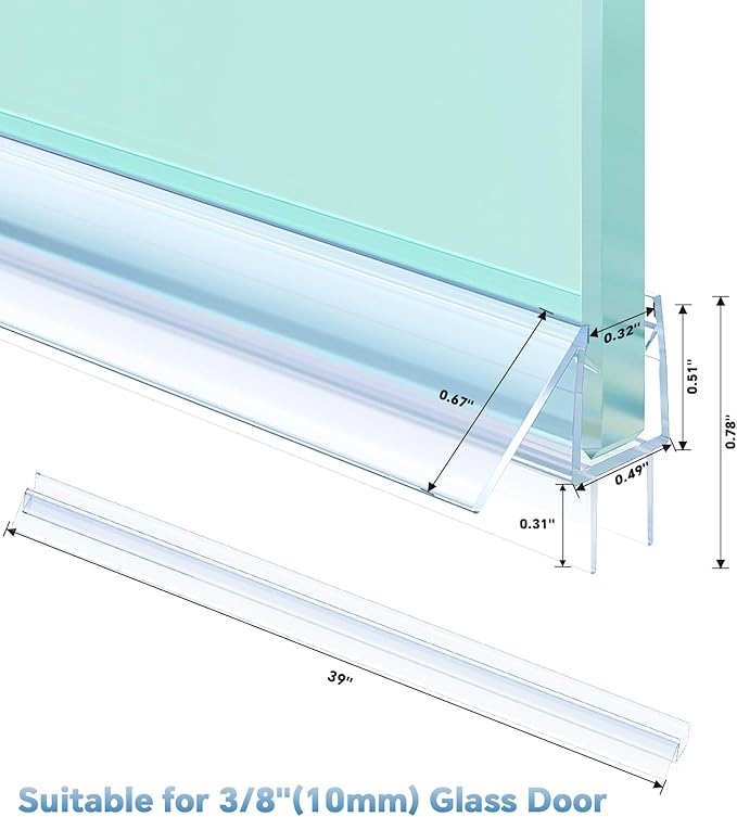 Shower Door Bottom Seal Strip, 2PCS Seal Strip, Clear PVC, 36" Length, Fits 10mm Thick Glass, Prevents Leaks, Easy Installation, No Adhesive Required (Clear, 39in for 3/8"(10mm) Door)
