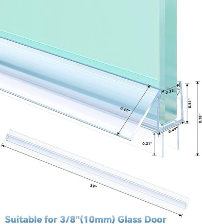 Shower Door Bottom Seal Strip, 2PCS Seal Strip, Clear PVC, 36" Length, Fits 10mm Thick Glass, Prevents Leaks, Easy Installation, No Adhesive Required (Clear, 39in for 3/8"(10mm) Door)