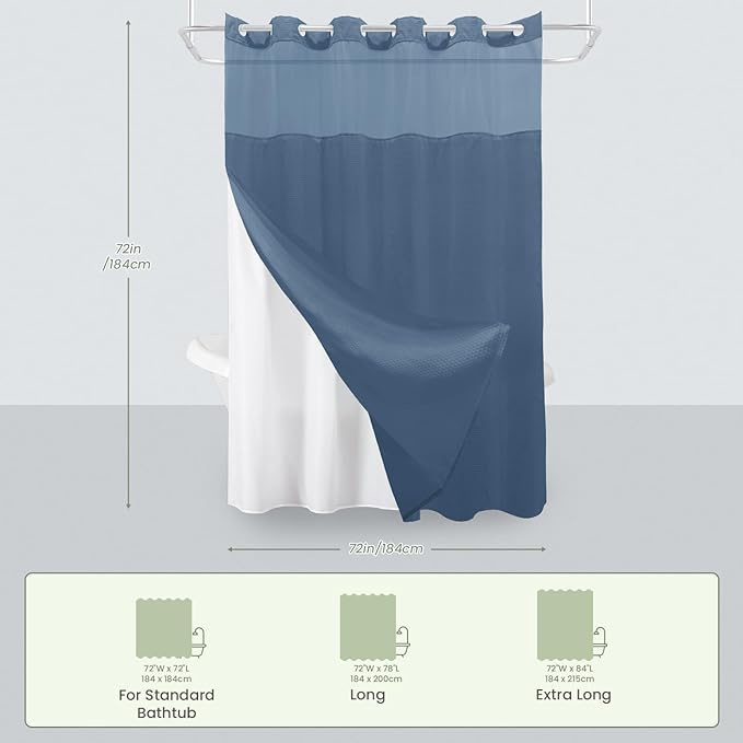 Inhousolu No Hook Shower Curtain with Snap in Fabric Liner Set Waffle Weave 230GSM Weighted Hem, Waterproof & Washable Bathroom Curtain Spa Luxury with Mesh Top Window 72" W x 72" L Moonlight Blue