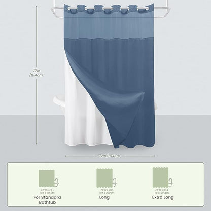 Inhousolu No Hook Shower Curtain with Snap in Fabric Liner Set Waffle Weave 230GSM Weighted Hem, Waterproof & Washable Bathroom Curtain Spa Luxury with Mesh Top Window 72" W x 72" L Moonlight Blue