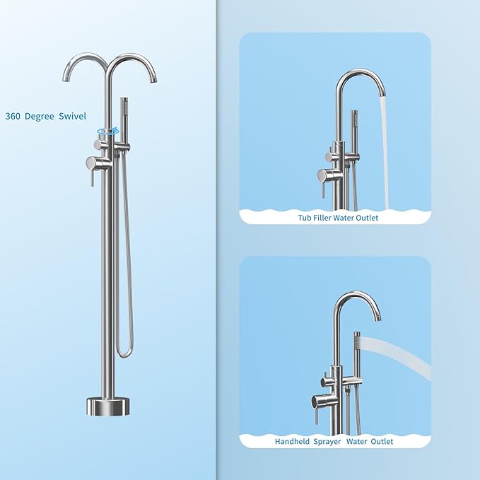 Freestanding Tub Filler Polished Chrome Floor Mount Bathtub Faucet Bathroom,Rough-in Valve 2 Function Handshower for Tub Rinsing Bathing,Anti-Wobble Base,Cylinder Handheld