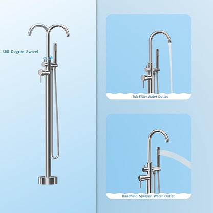 Freestanding Tub Filler Polished Chrome Floor Mount Bathtub Faucet Bathroom,Rough-in Valve 2 Function Handshower for Tub Rinsing Bathing,Anti-Wobble Base,Cylinder Handheld