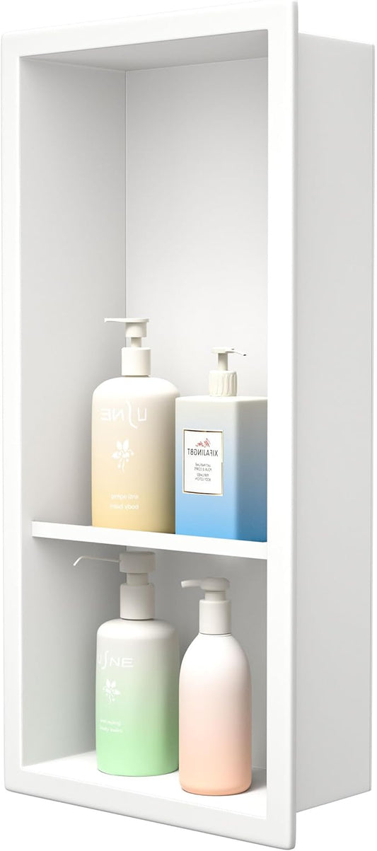 Stainless Steel Shower Niche 18"× 8" White Double Shelves No Tiled Need Recessed Niche Shower for Wall Storage Bathroom Niche Shelf Over-Mounted Installation