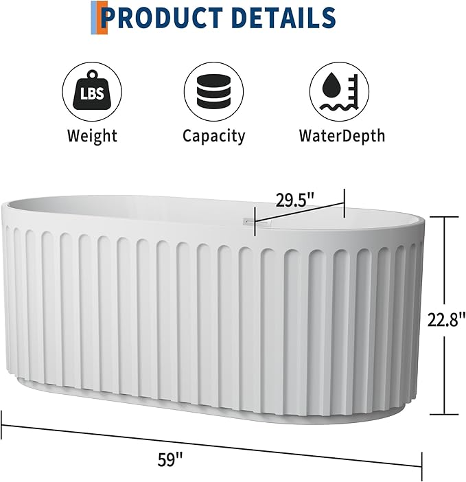 Freestanding Bathtub 59 Inch Acrylic Soaking Tub – Stripe Design Free Standing Bath Tub with Overflow & Pop-Up Drain, Glossy White Bathtub for Home Spa