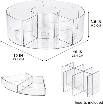 360° Rotating Makeup Organizer, 10" Clear Turntable Lazy Susan Organizer for Vanity, Bathroom Counter, Cabinet, Spinning Cosmetic Storage Holder with 6 Dividers for Skincare, Makeup Brushes, Lipsticks