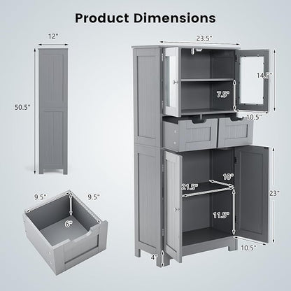 COSTWAY Bathroom Storage Cabinet, Freestanding Bathroom Organizer with Glass Doors, 2 Drawers and 2 Adjustable Shelves, Tall Linen Floor Cabinet for Bathroom, Living Room, Kitchen (Gray)