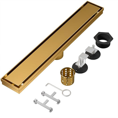 Linear Shower Drain, 304 Stainless Steel with Adjustable Leveling Feet, Hair Strainer,Reversely Install Place to Create an Invisible Floor Drain - Gold -12-Inch