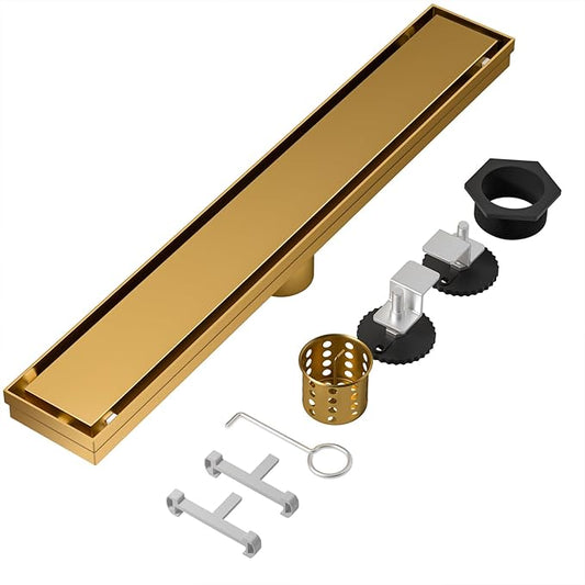 Linear Shower Drain, 304 Stainless Steel with Adjustable Leveling Feet, Hair Strainer,Reversely Install Place to Create an Invisible Floor Drain - Gold -54-Inch
