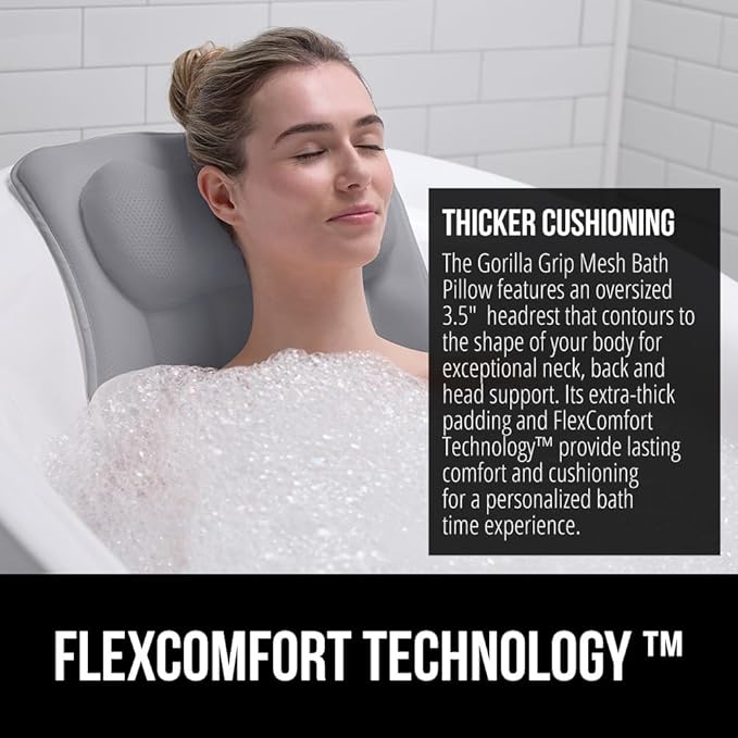 GORILLA GRIP Bath Pillow for Tub with Powerful Suction Cups, Headrest Pillows for Neck and Back Support, Machine Wash, Bathtub and Hot Tub Accessories, Relaxing Spa Gift Essentials for Women, Gray