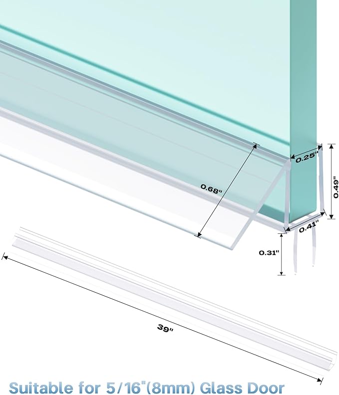 Shower Door Bottom Seal Strip, 2PCS Seal Strip, Ultra Clear PVC, 39" Length, Fits 8mm Thick Glass, Prevents Leaks, Easy Installation, No Adhesive Required (Ultra Clear, 39in for 5/16"(8mm) Door)