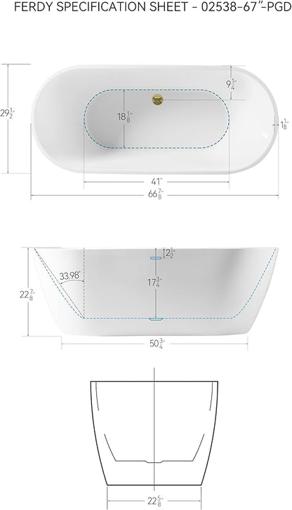 FerdY 67" Bali Acrylic Freestanding Bathtub, Gracefully Shaped Freestanding Soaking Bathtub, cUPC Certified, Toe-Tap Polished Gold Drain and Minimalist Linear Design Overflow Included