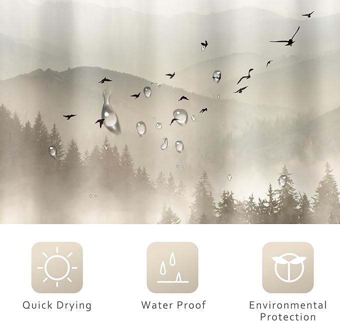 Riyidecor Foggy Mountain Shower Curtain 60Wx72H Inch Nature Rustic Woodland Scenery Tree Alpine Landscape Natural Abstract Modern Scene Bathroom Decor Fabric Polyester Waterproof 12 Pack Hooks