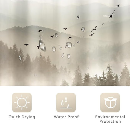 Riyidecor Foggy Mountain Shower Curtain 60Wx72H Inch Nature Rustic Woodland Scenery Tree Alpine Landscape Natural Abstract Modern Scene Bathroom Decor Fabric Polyester Waterproof 12 Pack Hooks