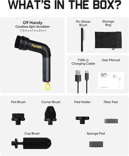 Fanttik G9 Handy Cordless Electric Spin Scrubber, MagnaStorm Motor, Dual-Speed, 5 Brush Heads, LED Display, IPX7 Waterproof, 2500mAh with Type-C Charging, for Kitchen, Sink, Tile, Stove