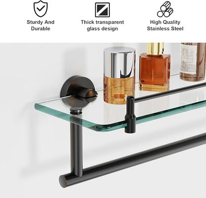 20-Inch Tempered Glass Bathroom Shelf with Towel Bar - Matte Black & Stainless Steel, Wall Mount Rustproof Tower Rail with Shelves