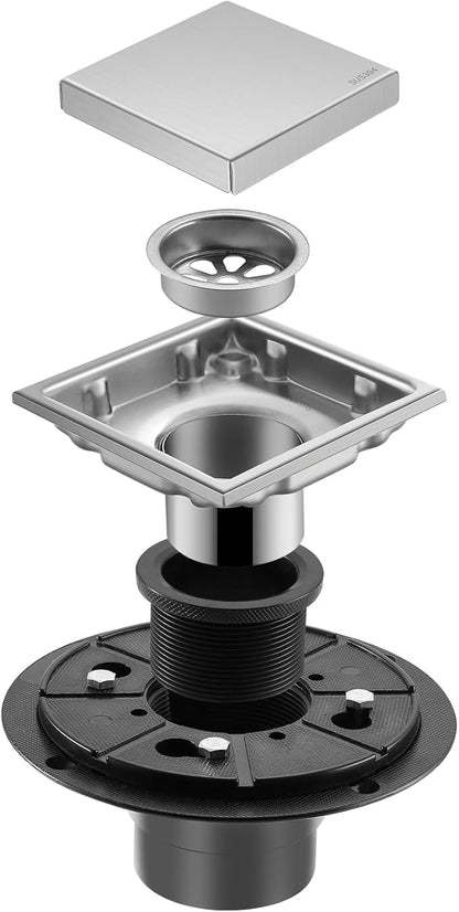 Hidden Brushed Square Shower Floor Drain, Silver 4 inch, 304 Stainless Steel, with Flange, Detachable Cover Embedded with Ceramic Tiles