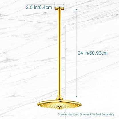 OFFO Shower Arm with Flange, Bright Gold 24 in Ceiling Mount Replacement Rain Shower Head Straight Arm Ceiling-Mounted For Fixed Shower Head & High Pressure Rain