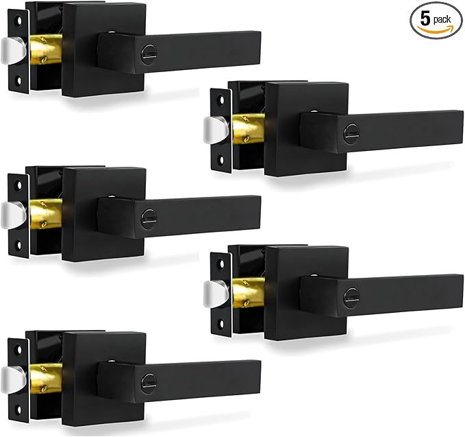 Privacy Door Levers, 5 Pack Matte Black Door Handles, Bed and Bath Door Locksets Heavy Duty Keyless Interior Handles, Reversible for Left Right Handed Doors
