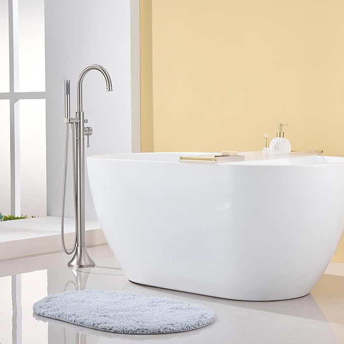 Free Standing Tub Faucet Brushed Nickel Freestanding Bathtub Faucet Floor Mount Brass Bathroom Tub Filler with Hand Shower