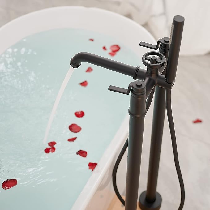 Freestanding Bathtub Faucet Matte Black Floor Mount Tub Filler with Handheld Shower Two Handle High Flow Rate Mixer Tap Bathroom Tub Faucet