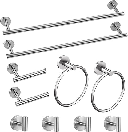 Cilee 10 Piece Brushed Nickel Bathroom Accessories Set, 24inch Brushed Nickel Towel Bar Ring+Toilet Paper Holder+ Robe Towel Hook SUS304 Stainless Steel Bathroon Hardware Set