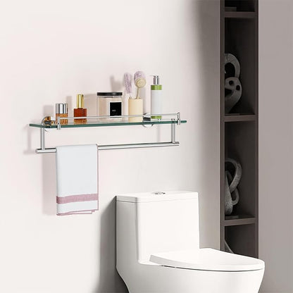 20-Inch Floating Tempered Glass Bathroom Shelf with Towel Bar - Chrome Polished & Stainless Steel, Wall Mount