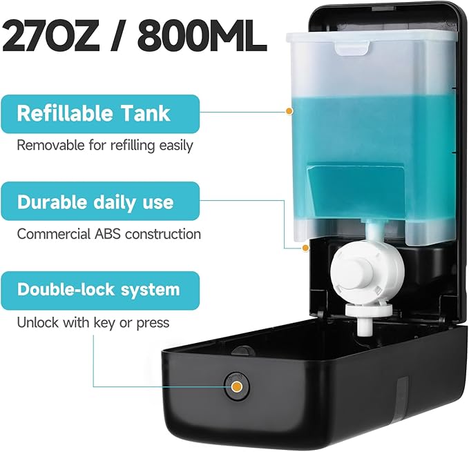 AIKE Wall Mount Liquid Soap Dispenser, 27oz Large Capacity with Extended Pump for Commercial Bathrooms,AK1008(Black)