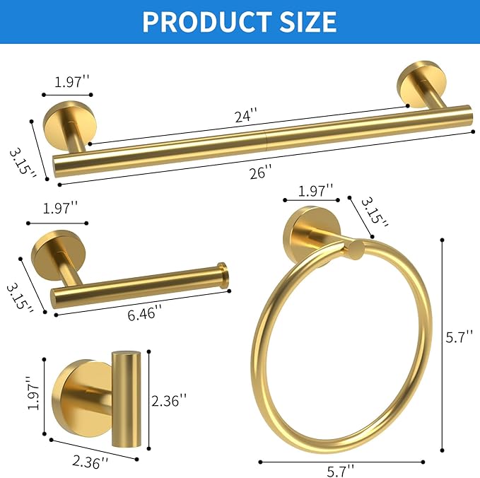 Brushed Gold Bathroom Accessories, Bathroom Hardware Set, SUS304 Stainless Steel Bathroom Towel Holder Set, 24 Inch Towel Bar Set 5 Pcs, 2 Towel Hooks, Toilet Paper Holder, Towel Ring