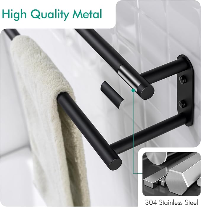 BAGNOLUX Double Towel Bar, SUS304 Towel Racks for Bathroom Wall Mounted 2-Tiers Ladder Towel Rails, Space Saving Bathroom Towel Holder Shelves Rack, Long Towel Hanger (16“-Round-Matte Black)