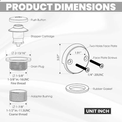LXLTOUS Brushed Nickel Toe Tap Bathtub Trim Set with Two-Hole Overflow Faceplate, Replacement Tub Drain Kit with 2-Hole Overflow Cover and Universal Fine/Coarse Thread, Fits 1-3/8" and 1-1/2"