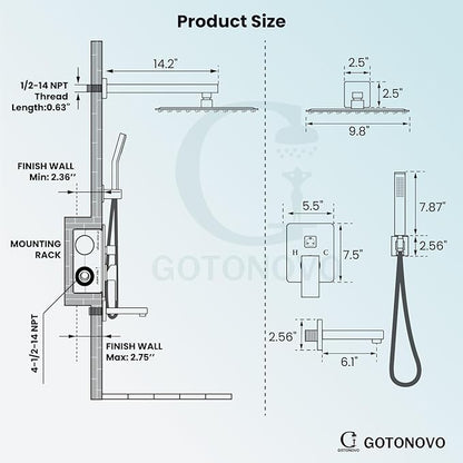 gotonovo Shower System with Tub Spout Wall Mounted Rain Shower Head and Handle Combo Shower Faucet Set with Valve, 10 Inch, Brushed Gold