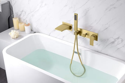 SUMERAIN Wall Mount Tub Faucet with Hand Shower, Waterfall Bathtub Faucet with Sprayer, Brushed Gold Finish, Rough-in Valve Included