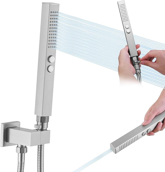 All-Metal High Pressure Square Handheld Shower Head with Jet Spray and Rainfall Modes, Volume Control Regulator, ON/OFF Switch, Hose and Wall Mounted Adjustable Bracket,Brushed Nickel Color